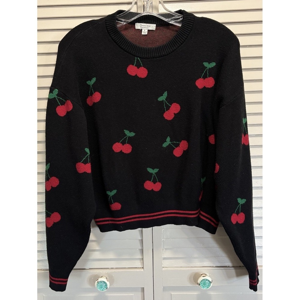 Orange Kiss Cherries‎ Knit Crop Sweater Crew Neck Long Sleeve Size L Soft